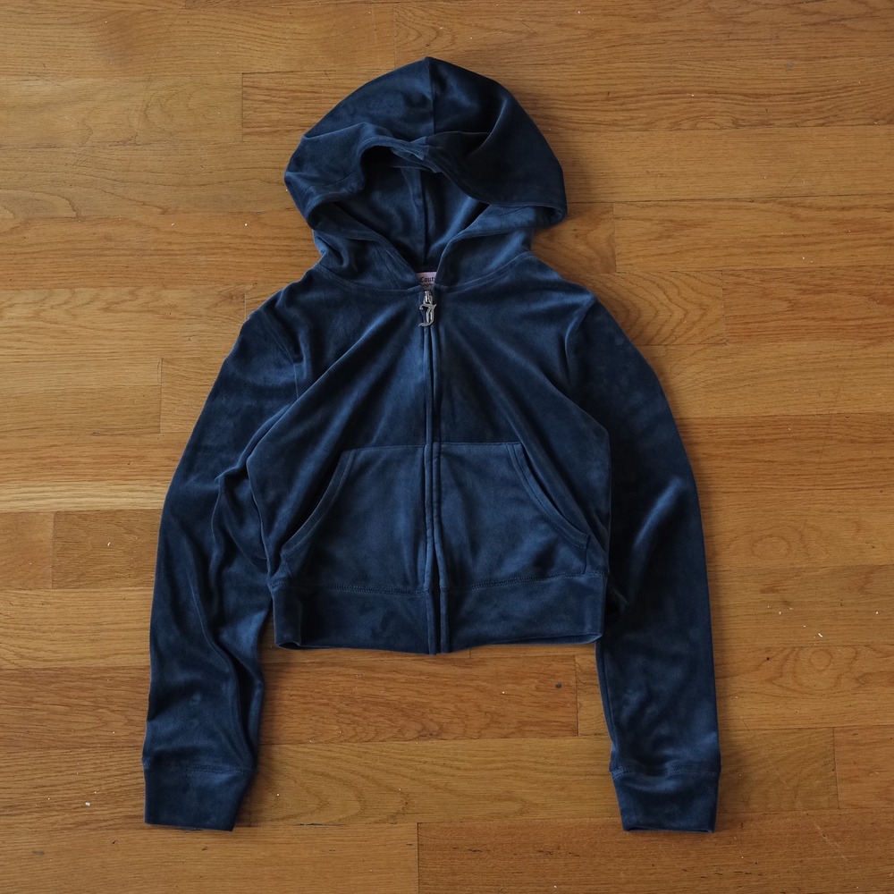 Juicy Couture Hoodie Women Navy‎ Velour Rhinestone Cropped Y2K Small Zip Up